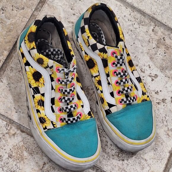 VANS Customs Sunflowers Old Skool size 6 Womens Fun Colorful Turquoise Yellow - Picture 8 of 16